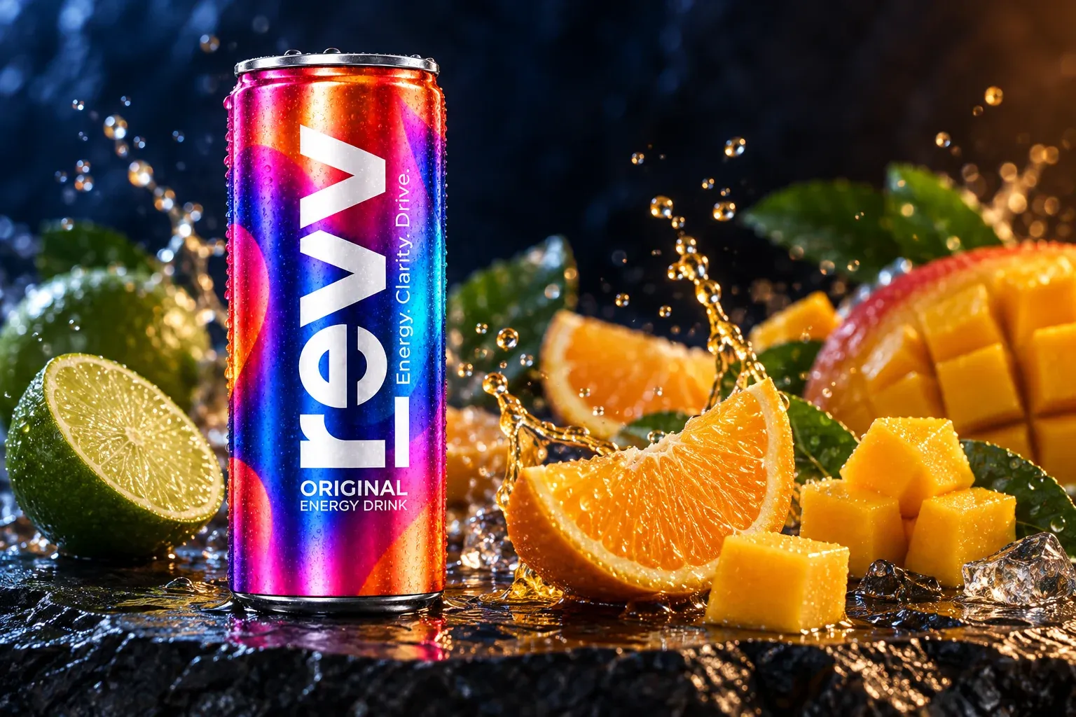 Orange segments, lime and mango beside a revv Original can
