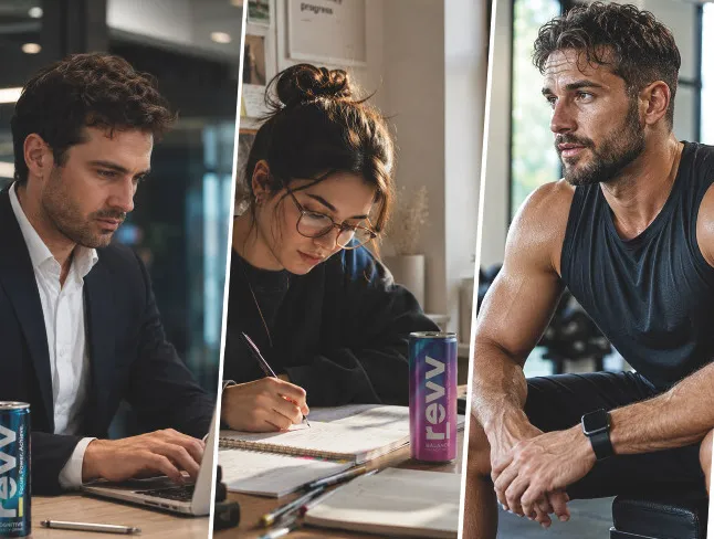 Three people drinking revv — at work, while studying, and after training